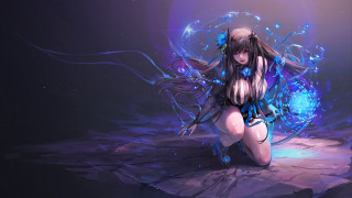Woman longhair bluepaint kneeling rock - swirl free wallpaper