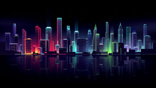 Cyberpunk city skyline night reflections - retrofuturism free wallpaper