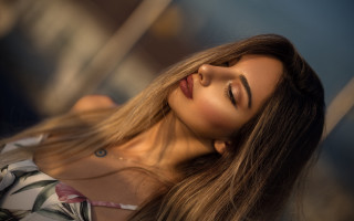 Woman longhair flowershirt closedeyes sunset - free light wallpaper