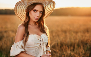 Straw hat woman wheat field - sunrise free wallpaper for desktop