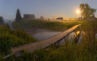 Wooden bridge river foggy field - a foggy field free wallpaper