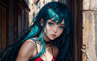 Blue hair green hair fantasy - a red top free wallpaper