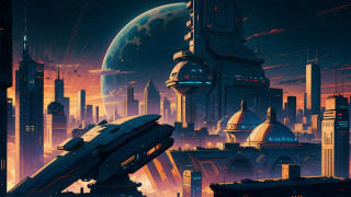 Futuristic city spaceship architecture night - synthwave free wallpaper