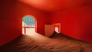Red wall dune door window - surrealism free wallpaper
