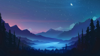 Mountains lake night crescent moon - a night scene free wallpaper