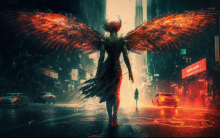 Woman wings rain dystopian cyberpunk - dystopian art free wallpaper