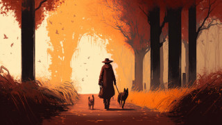 Man walking dog autumn forest - a path free wallpaper for desktop