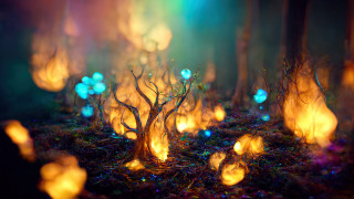 Forest yellow lights tree stump - firefly free wallpaper