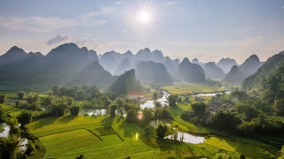 Valley mountains river green landscape - the background and a river free wallpaper