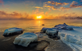 Sunset water ice boat city - ice free wallpaper