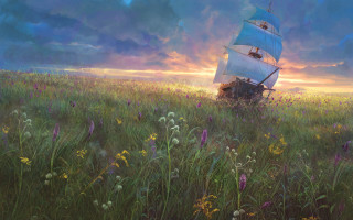 Boat flower field sunset mountain - bastien lecouffedeharme free wallpaper