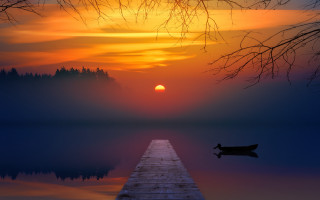 Sunset dock boat mountain forest - a dock free wallpaper