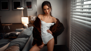 Woman white bodysuit window bedroom - a lamp free wallpaper