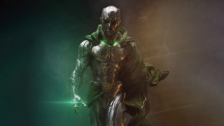 Green suit man dark room - concept design art free wallpaper