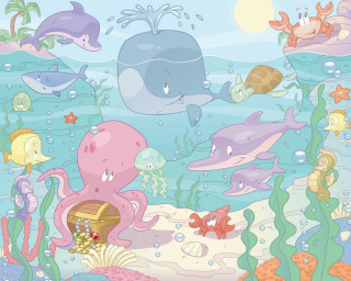 Cartoon sea animals swimming ocean - a whale free wallpaper