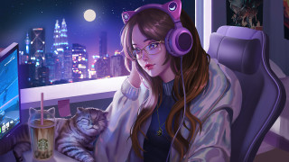 Woman headphones cat desk night 2 - headphone free wallpaper for desktop