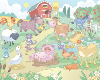 Cartoon farm animals field barn - storybook illustration free wallpaper