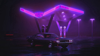 Car gasstation neonlights retrofuturism cyberpunk - the side of the building free wallpaper