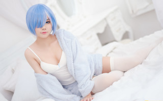Blue hair woman bed robe - cosplay free wallpaper