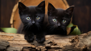 Two black kittens sitting log - symmetrical eye free wallpaper