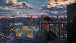 Girl city skyline night cloudy - a balcony free wallpaper