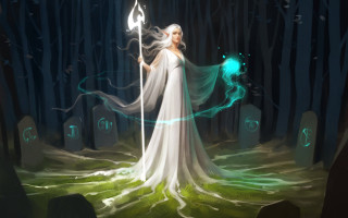 Woman white dress forest glowing - magic free wallpaper