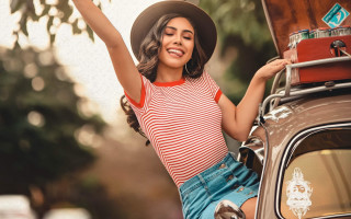 Woman hat leaning car luggage - a woman in a hat free wallpaper for desktop