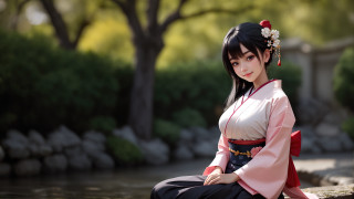 Woman kimono river pond bokeh - unreal engine free wallpaper for desktop