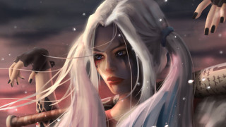White haired woman blue eyes - her head and a hand free wallpaper