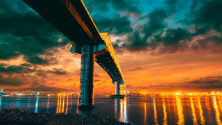 Night bridge water city orange - orange sky free wallpaper
