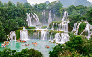 Waterfall boat group nature landscape - cao buxing free wallpaper