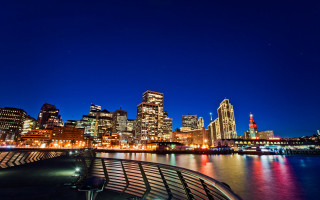 City skyline night bridge bench - bascove free wallpaper