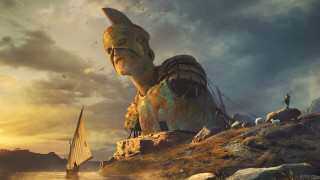 Giant statue cliff sailboat man - a rocky cliff free wallpaper