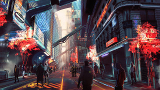 Futuristic city street neon autumn - cyberpunk city free wallpaper