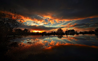 Sunset reflection lake trees clouds - over a lake free wallpaper