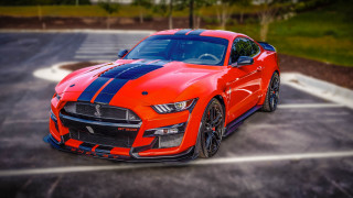Red mustang blue stripes parking 2 - blue stripe free wallpaper