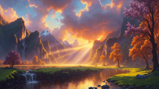 Sunset river mountains waterfall autumn - christophe vacher free wallpaper