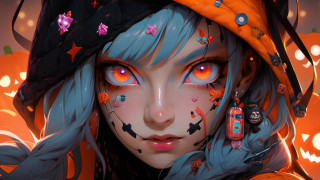 Halloween girl cyberpunk bluehair orangeeyes - decoration free wallpaper