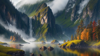 Mountain lake fog forest waterfall - fog and trees free wallpaper