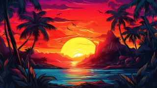 Sunset palm trees water bird - palm tree and a body of water free wallpaper