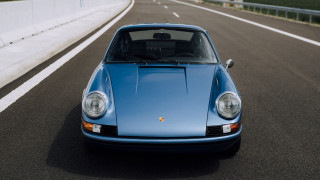 Blue car bridge building puzzle - retrofuturism free wallpaper