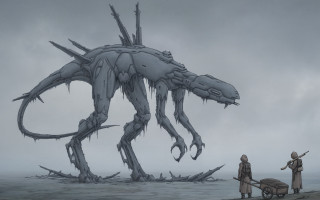 Giant creature beach man wheelbarrow - enki bilal free wallpaper