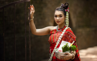 Woman red dress flower basket - her hand and a handbag free wallpaper