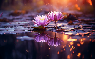 Purple flowers floating pond glowing - a pond of water free wallpaper
