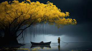 Autumn boat man bare tree - yellow leaf free wallpaper