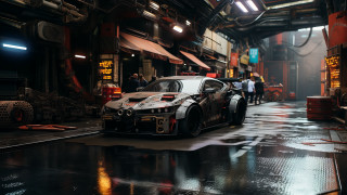 Garage cyberpunk car man suit - a garage free wallpaper