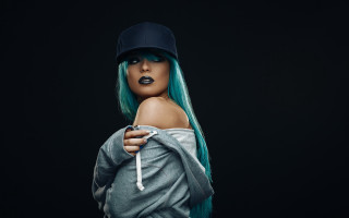 Green hair baseball cap portrait - private free wallpaper