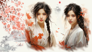 Woman longhair whiteflower tree autumn - chen yifei free wallpaper