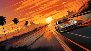 Car palm trees sunset cityscape - outrun free wallpaper