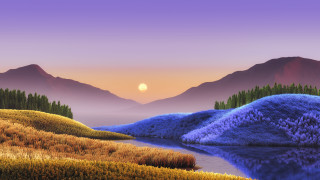 Mountain lake forest sunset purple - field free wallpaper